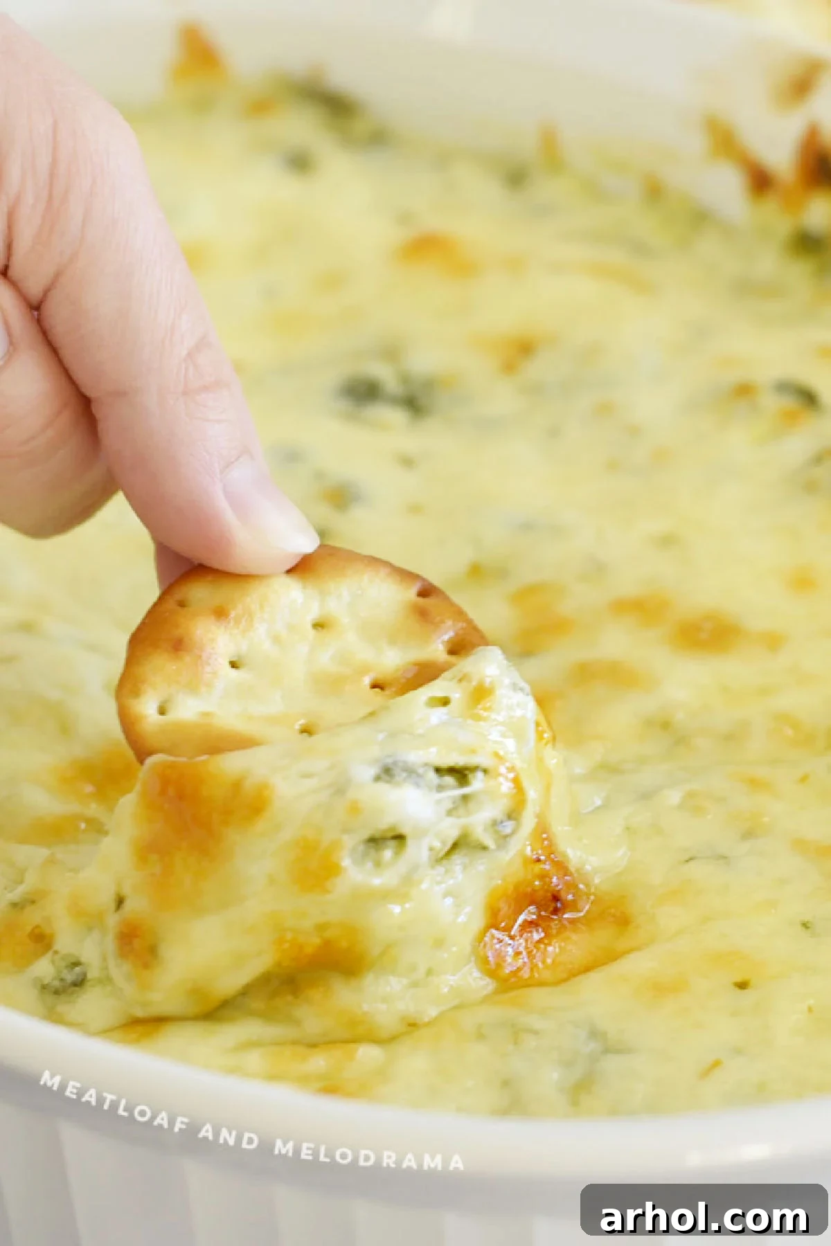 Ultimate Creamy Baked Spinach Artichoke Dip 2 Hand holding a round cracker dipped into hot, cheesy baked spinach artichoke dip, showing the gooey texture.