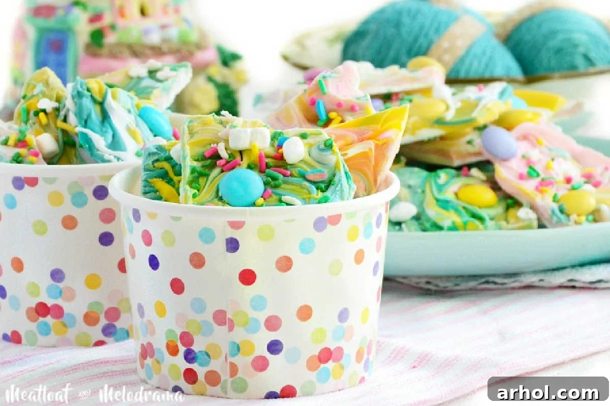 easter bunny bark with pastel m and m candies on the table
