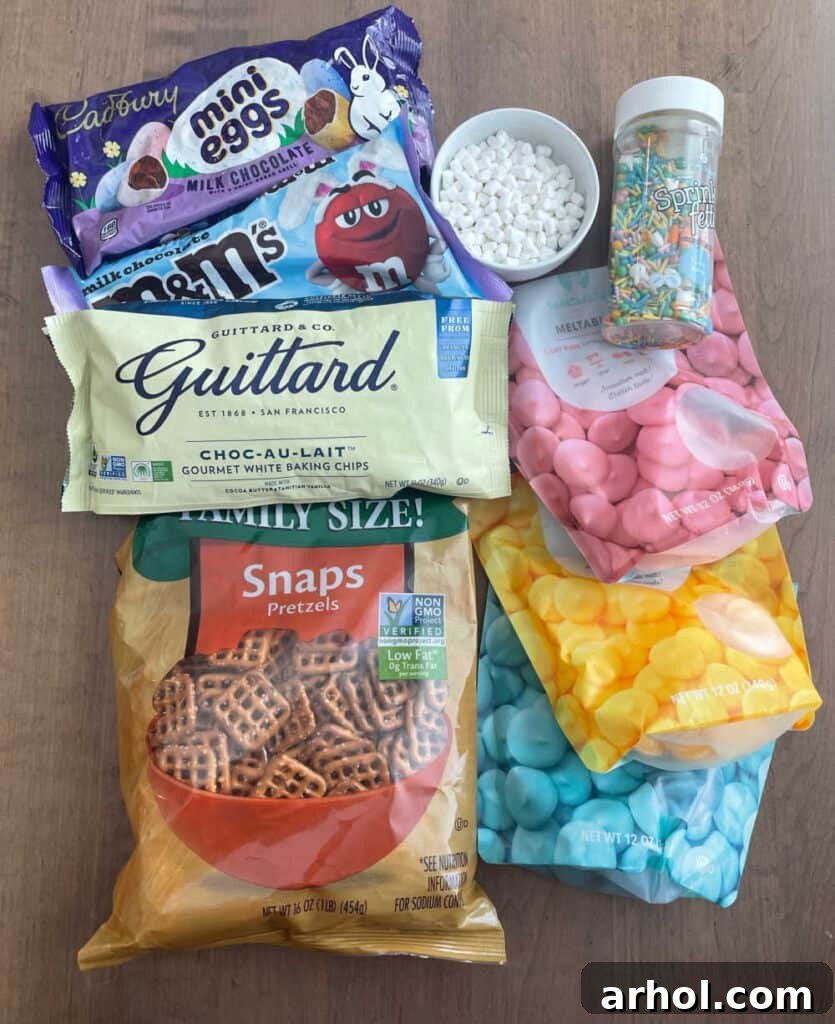 candy melts, white chocolate, candies, pretzel snaps, marshmallow bits and sprinkles.