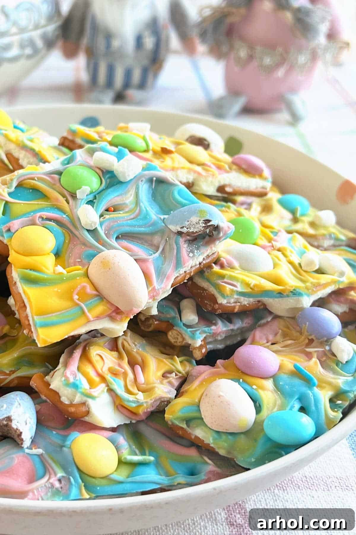 easter white chocolate pretzel bark in a bowl.