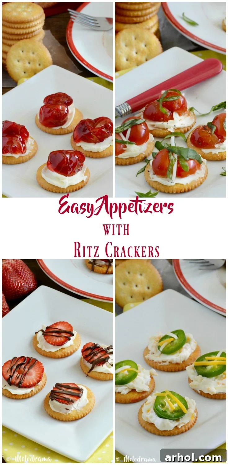 Collage of 4 easy RITZ cracker appetizers: Caprese, Chocolate Strawberry, Jalapeno Popper, and Strawberry Cheesecake Bites