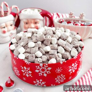 A close-up of hot chocolate muddy buddies without peanut butter, showcasing the rich chocolate and marshmallow coating.