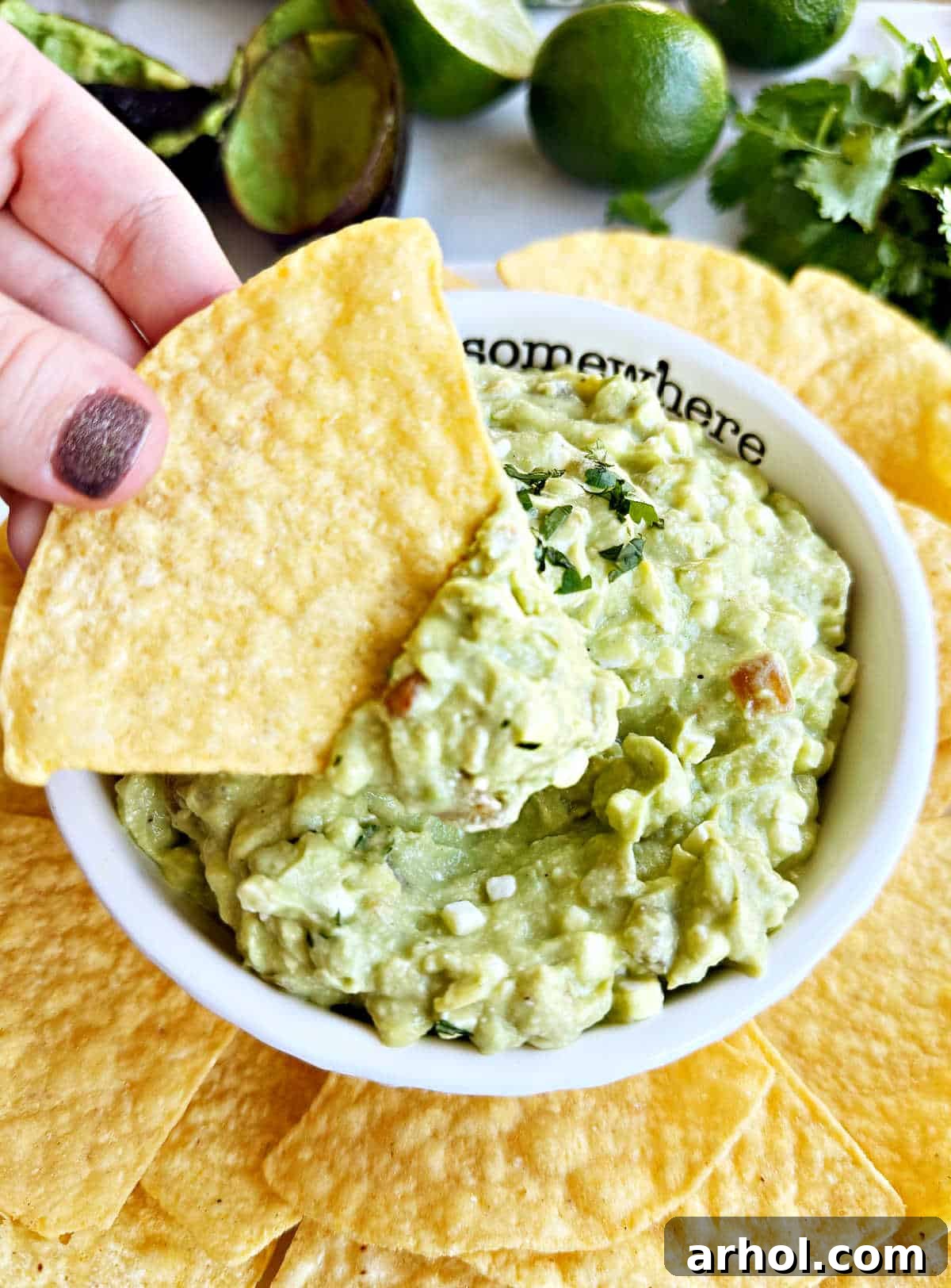 A single tortilla chip generously loaded with avocado cottage cheese dip, ready to be eaten.