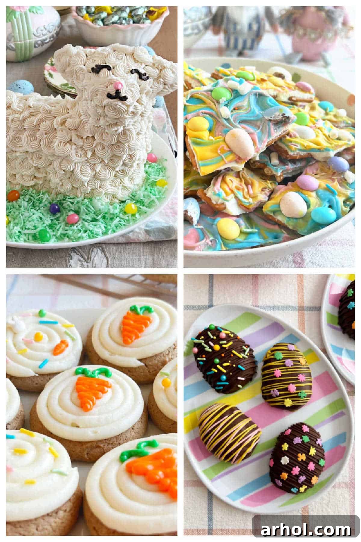 A vibrant collage showcasing a variety of delicious Easter desserts, including a beautifully decorated lamb cake, festive carrot cake cookies, homemade peanut butter eggs, and a creamy cheesecake dip. Perfect for inspiring your holiday baking.