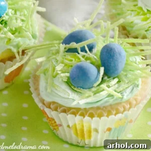 Festive Easter cupcakes charmingly topped with edible green grass and delicate chocolate candy eggs nestled in a sweet edible bird's nest.