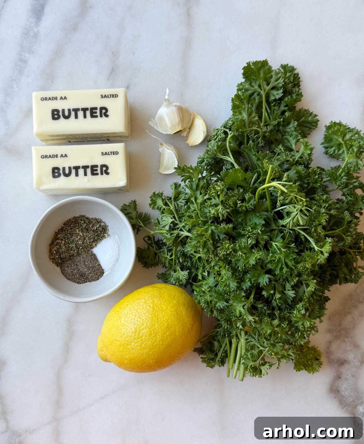 butter, garlic, herbs, lemon and spices.