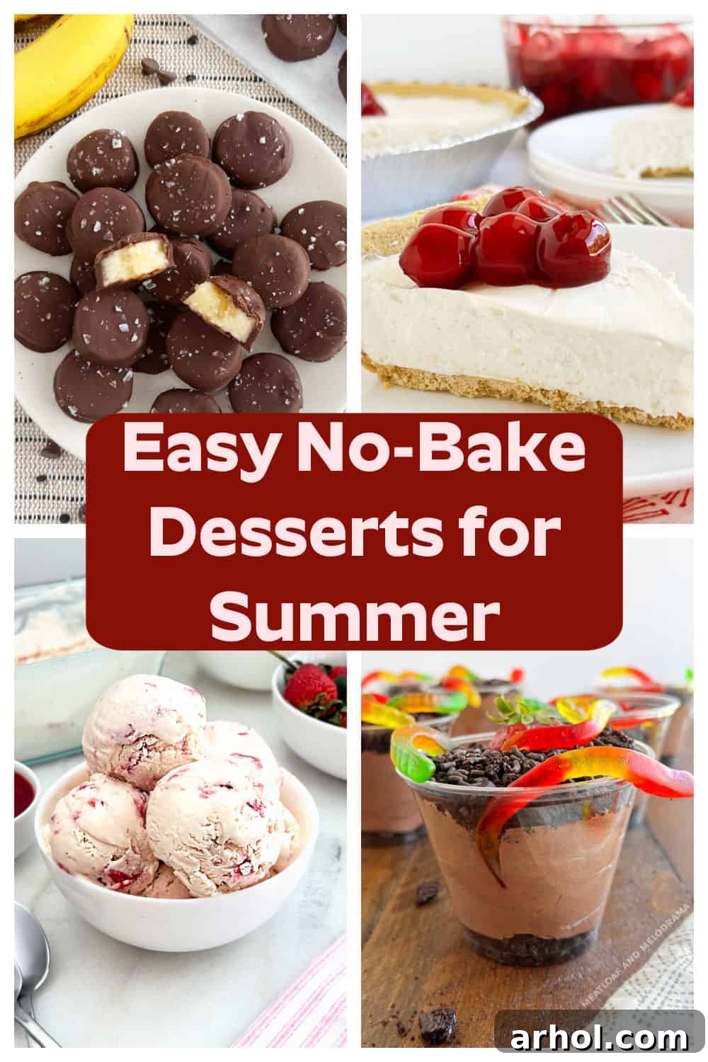 Assortment of vibrant no-bake desserts for summer, including creamy pies and fruit-layered treats