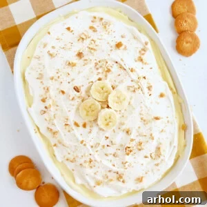 No-bake banana pudding with Cool Whip, Nilla Wafer cookies, and sliced bananas.