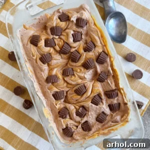Homemade chocolate peanut butter ice cream with mini Reese's cups in a loaf pan.