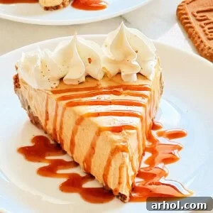 Slice of Biscoff cookie butter pie with caramel sauce on a plate.