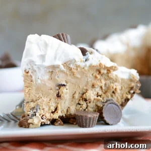 No-bake chocolate peanut butter pie with Cool Whip on a plate.