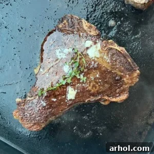 A perfectly seared porterhouse steak on a Blackstone griddle with garlic butter and thyme.