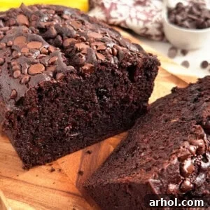 A loaf of chocolate banana bread with chocolate chips