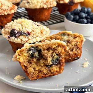 Banana blueberry muffins with a crumble topping
