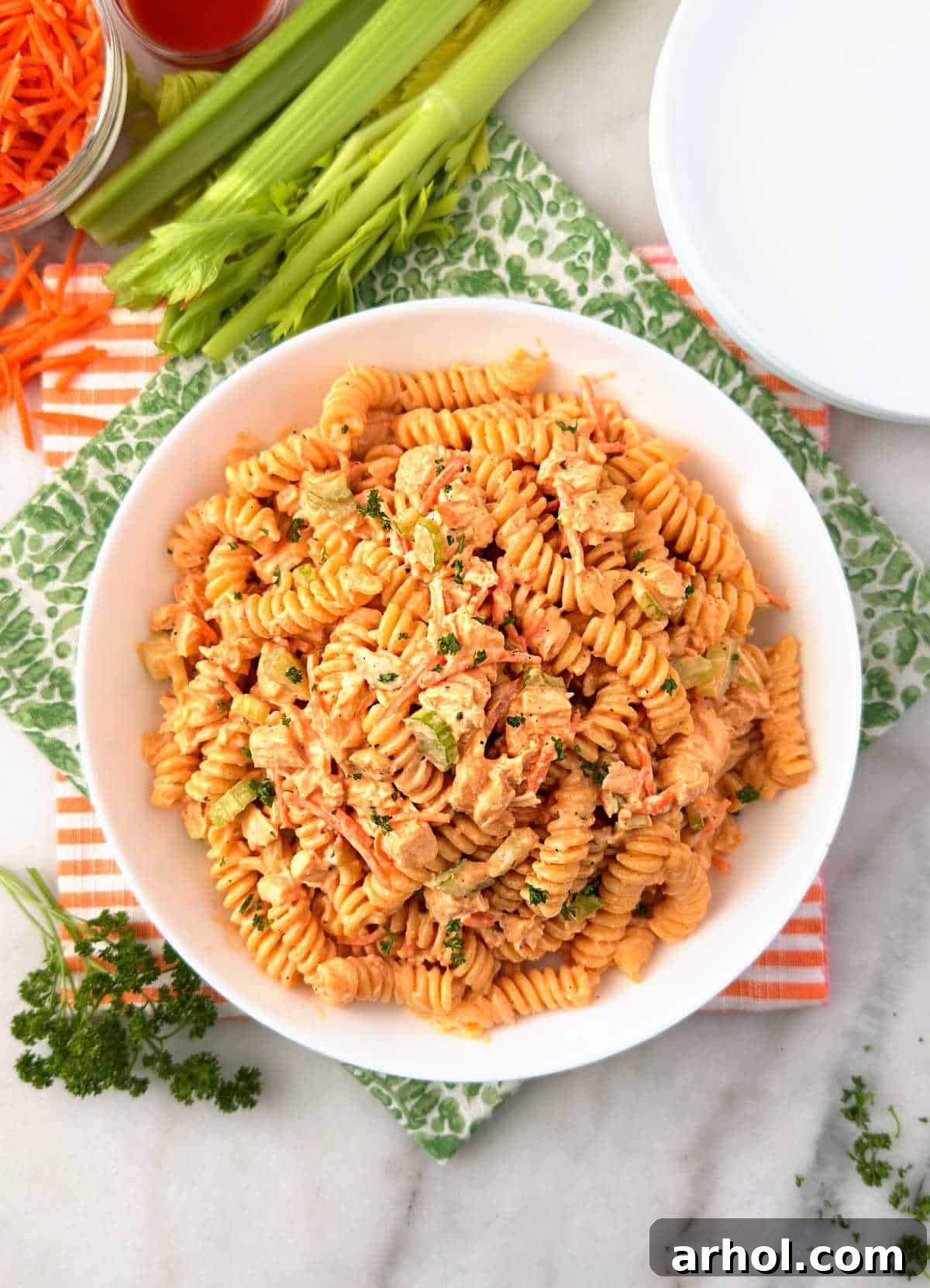 buffalo chicken pasta salad on the table.
