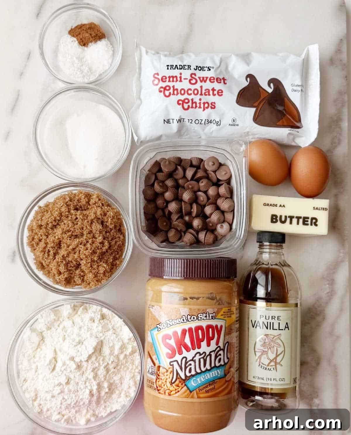 peanut butter, pb cups, chocolate chips and ingredients for cookie bars.