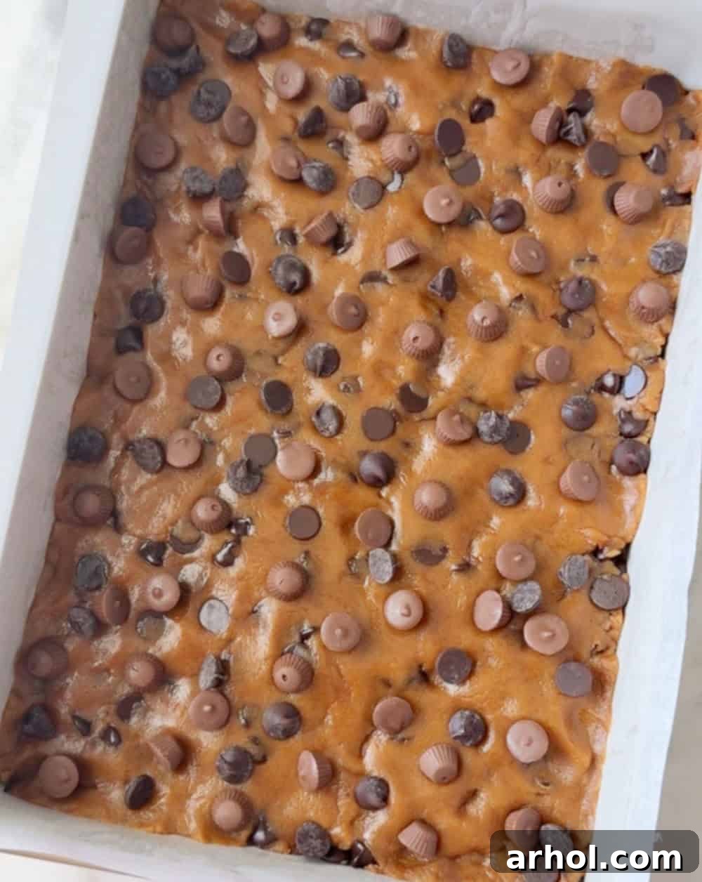 cookie bar dough in baking pan.