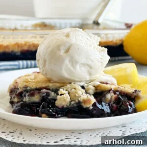 slice of blueberry dump cake with scoop of vanilla ice cream on top and lemon slices