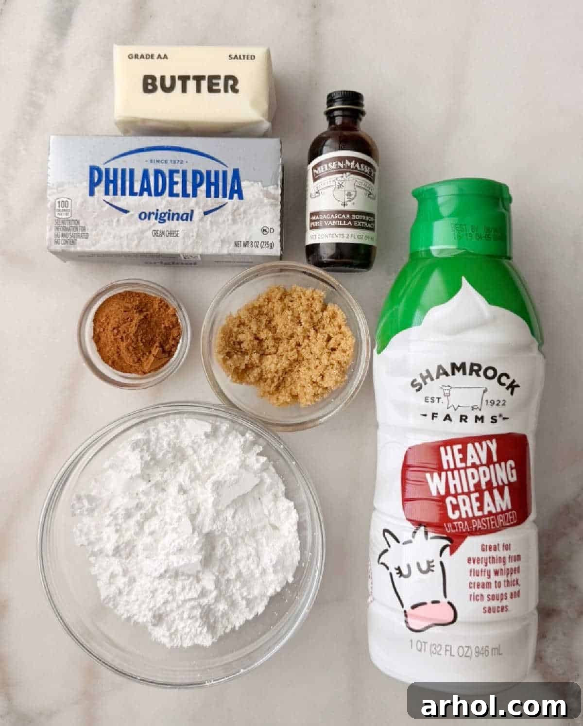 cream cheese, cream, powdered sugar, vanilla, brown sugar, cinnamon, butter.