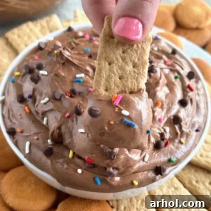 brownie batter dip with mini chocolate chips and sprinkles on graham cracker