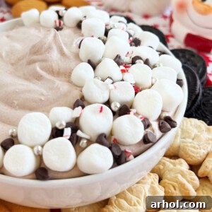 bowl of hot chocolate dip with mini marshmallows and chocolate chips.