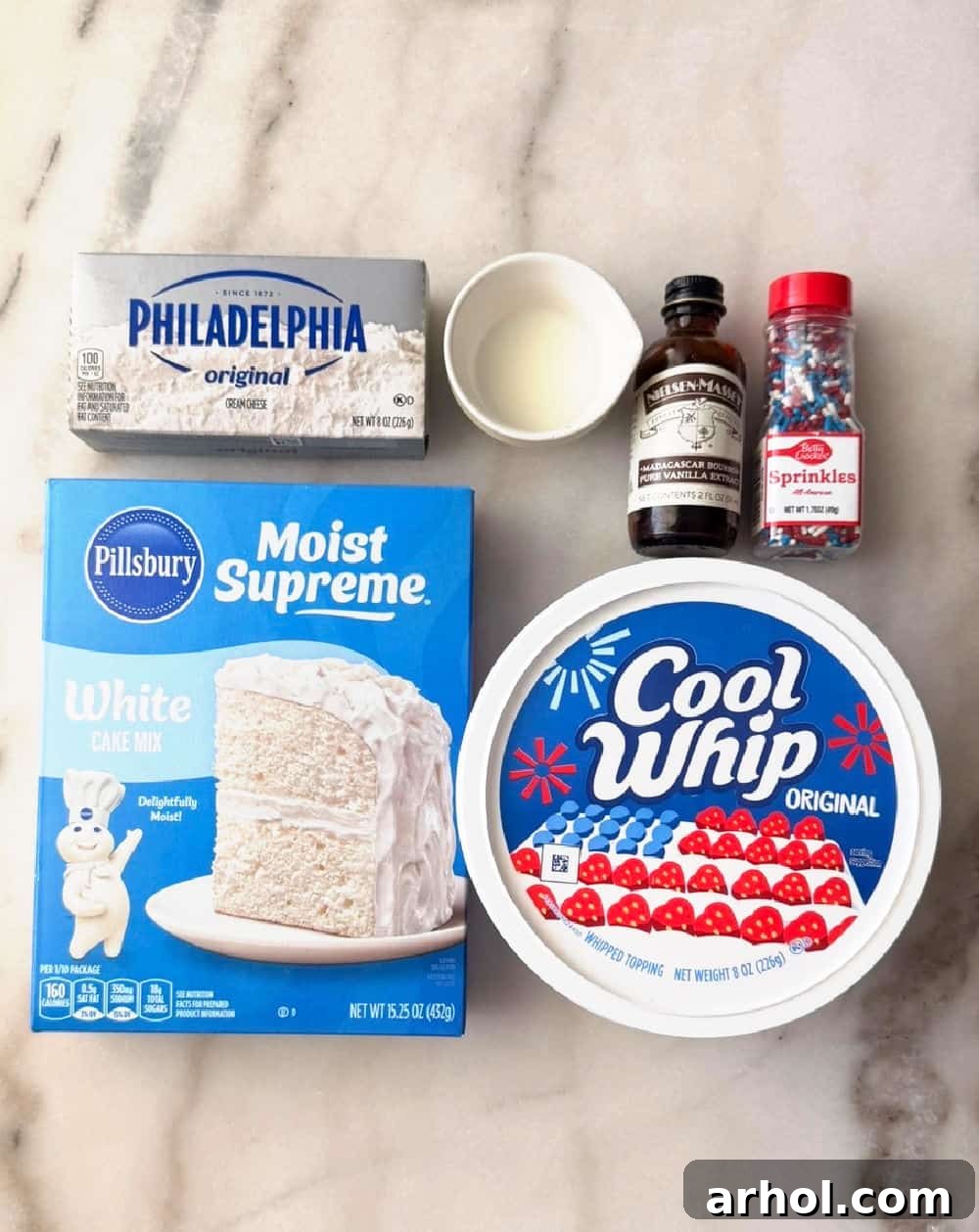 cake mix, cream cheese, milk, vanilla, sprinkles, cool whip.