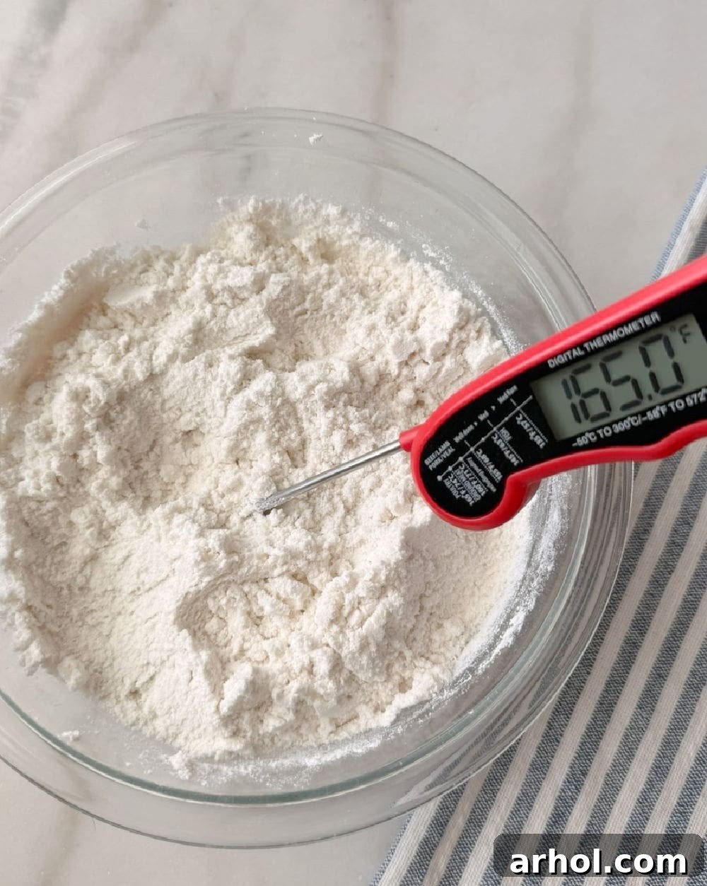 thermometer in heat treated cake mix.