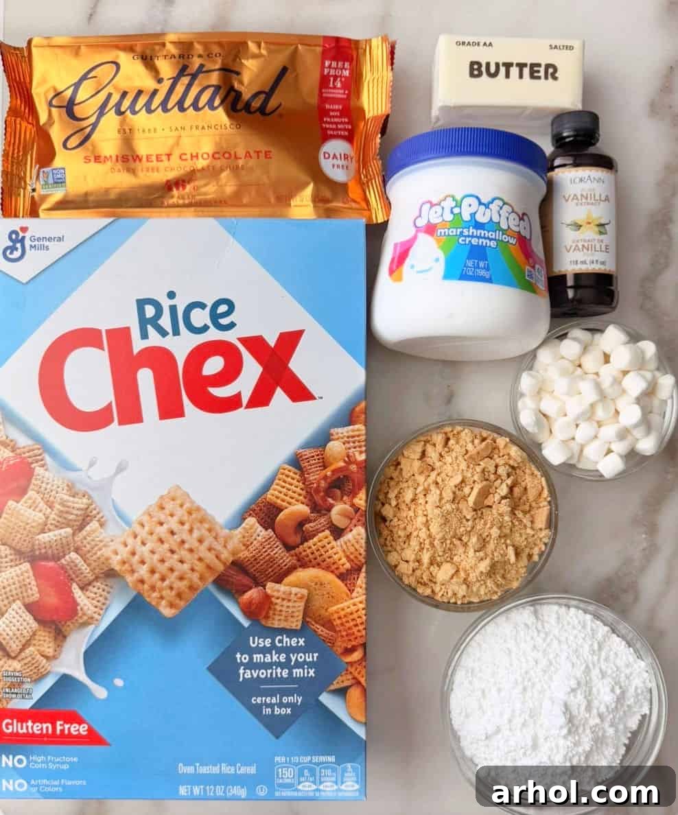 rice chex, chocolate chips, butter, marshmallow, vanilla, graham crackers, powdered sugar.