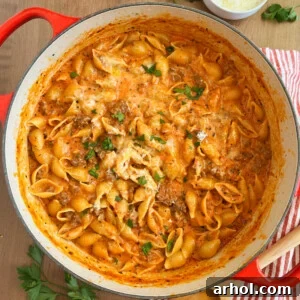 ground beef pasta, creamy shells and beef, in creamy tomato sauce in dutch oven