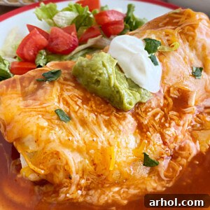 wet burrito smothered in red enchilada sauce and cheddar cheese with sour cream and guacamole