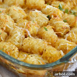 taco tater tot casserole in baking dish