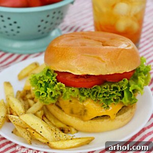 air fryer hamburger with cheese on a plate with french fries