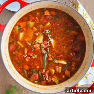 ground beef vegetable soup with green beans, potatoes and carrots in dutch oven