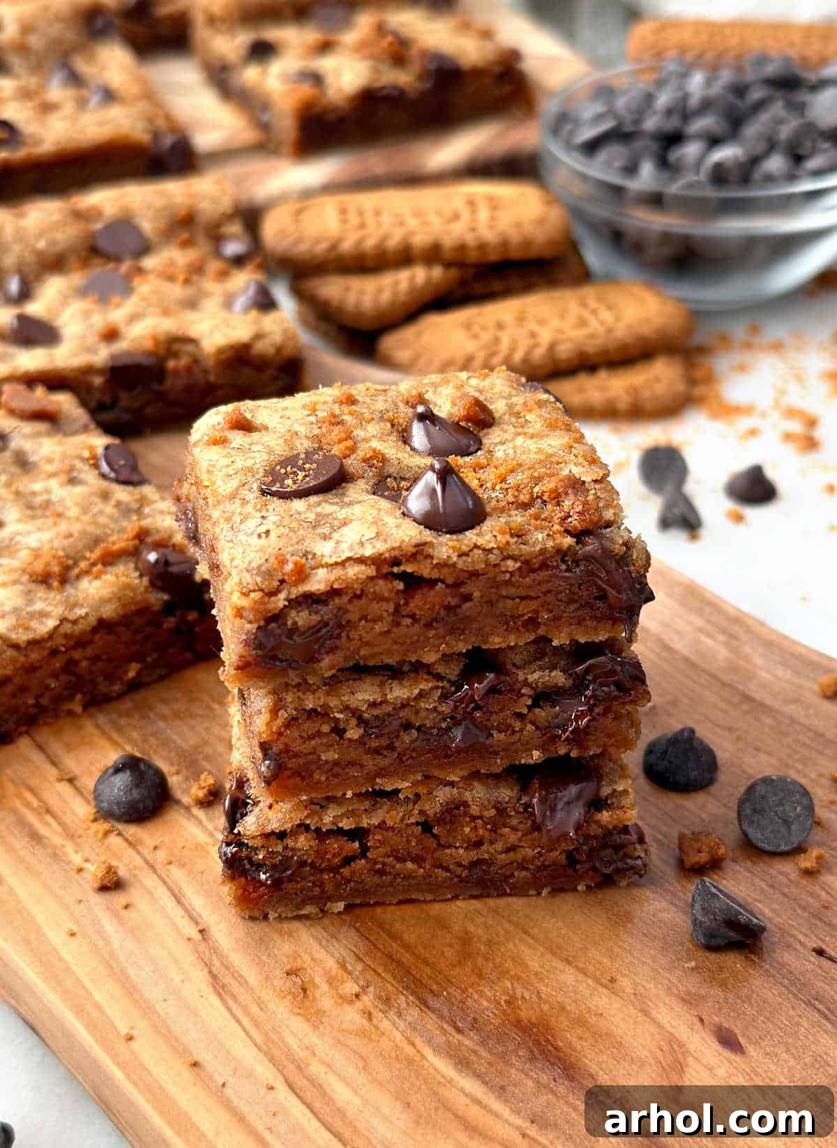 stack of biscoff cookie butter bars with chocolate chips.