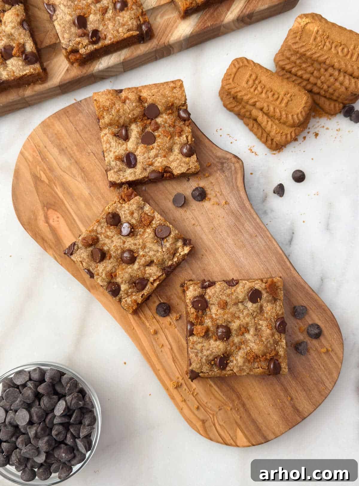 Biscoff cookie butter bars on cutting board.
