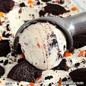 homemade halloween ice cream with Oreos in a scoop.